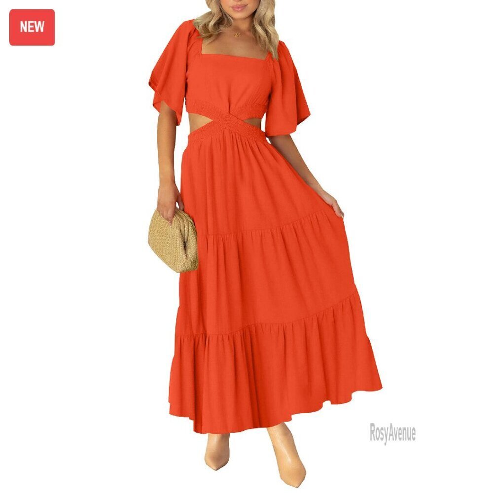Summer Cutout Maxi Dress Square Neck Short Sleeve Crossover Waist